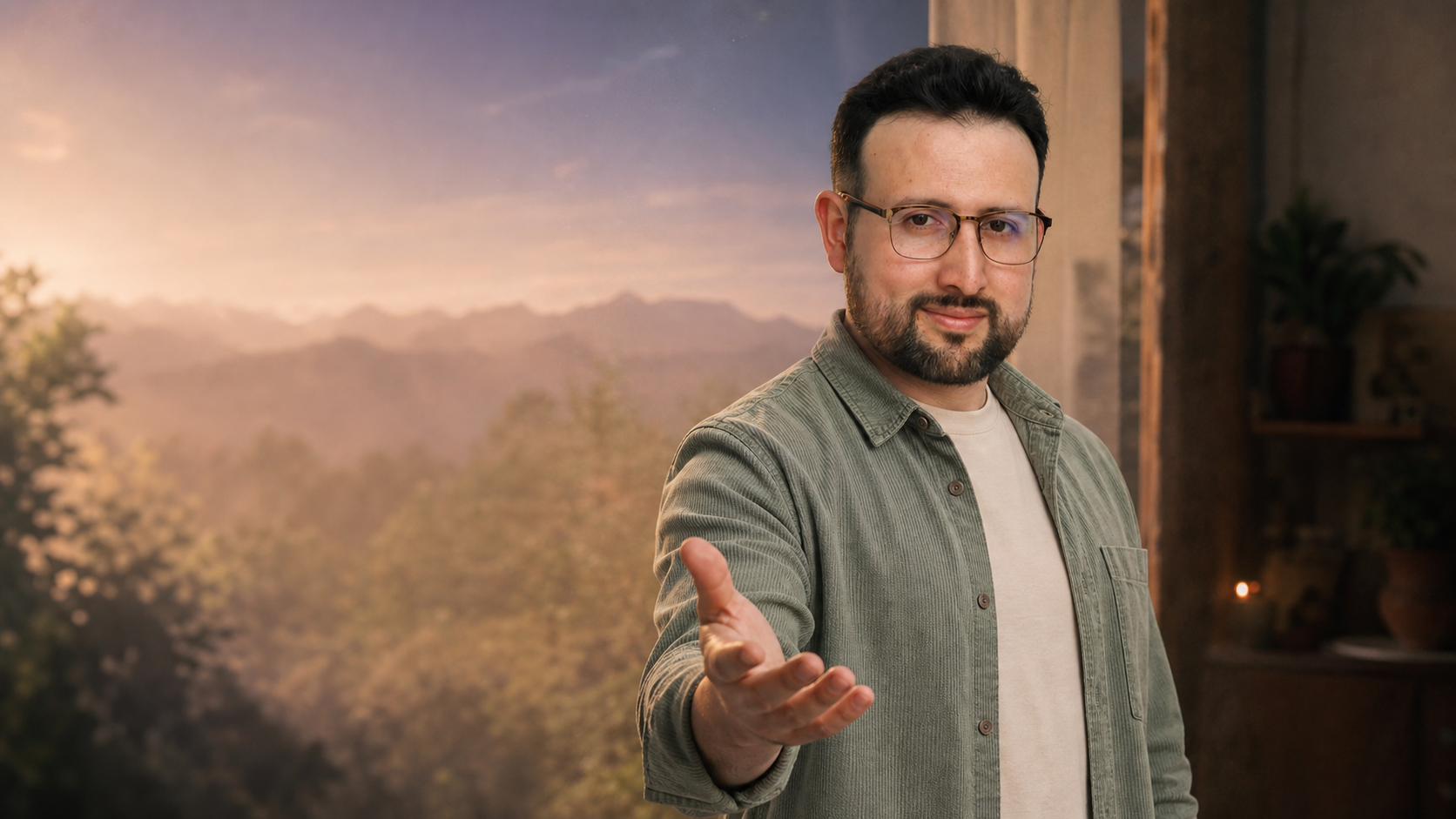 Sebastián extiende su mano en un paisaje sereno